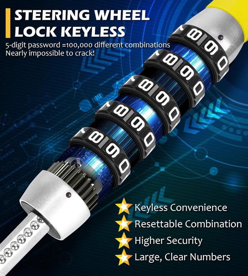 Tevlaphee Steering Wheel Lock, Car Lock Anti Theft Keyless Extendable Retractable Password 5 Coded Combination Lock, Heavy Duty Universal Fit (Yellow) - Image 3